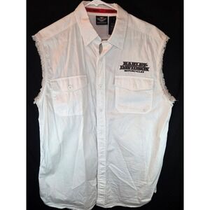 Harley Davidson Mens White Sleeveless Button Up Shirt Cutoff Flame Graphic Large